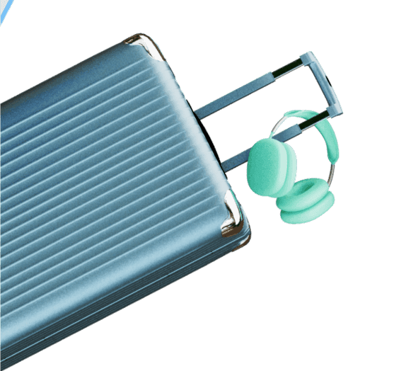 une valise avec un casque audio accroché.